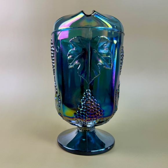 Vintage Indiana Glass Blue Carnival Grape Vine Pitcher | Iridescent Pedestal - Picture 12 of 16